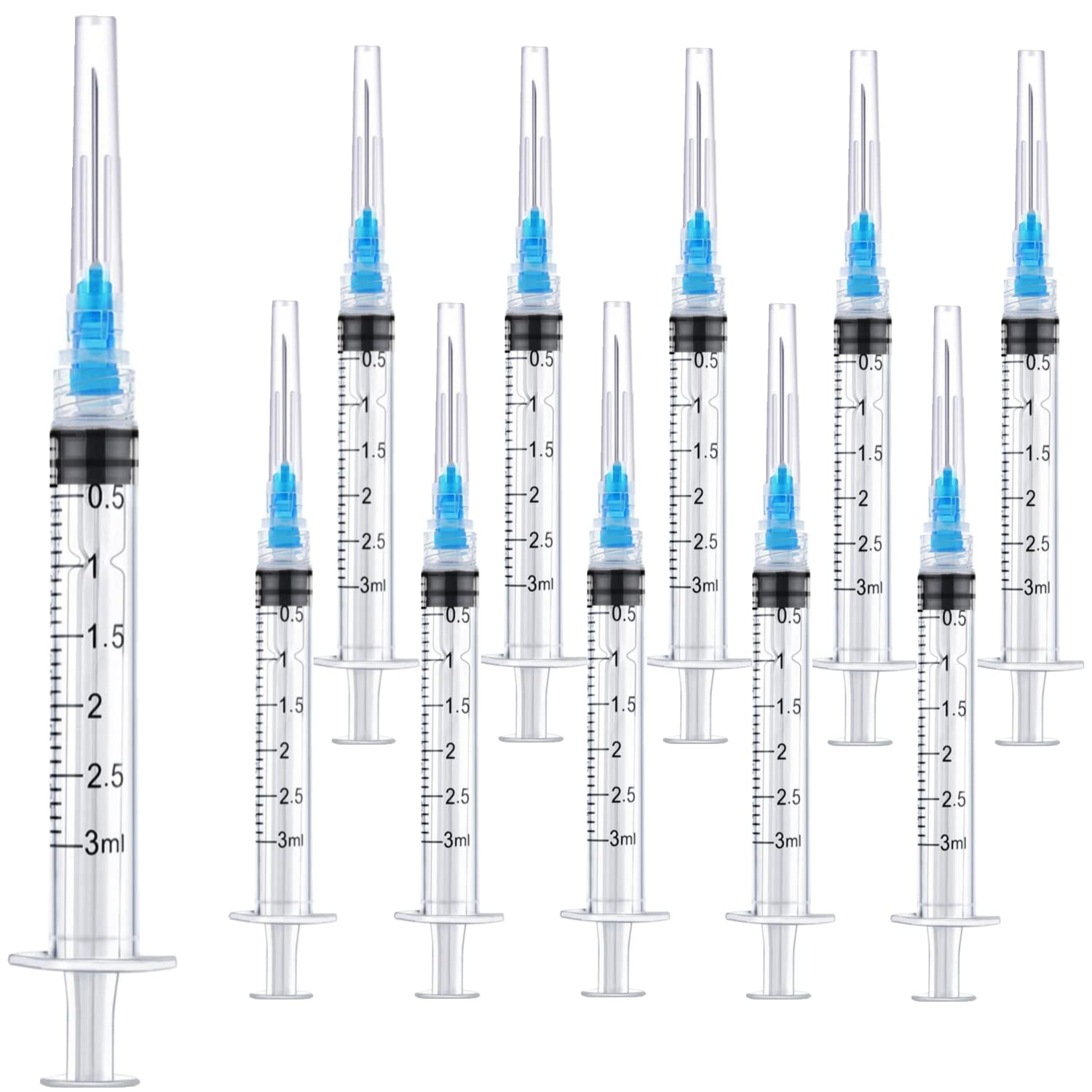 3mL plastic syringes with blue needle caps