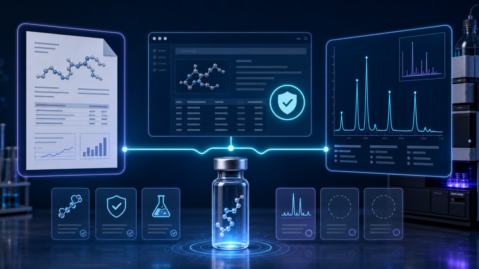 Conceptual laboratory verification record beside a peptide vial and chromatogram