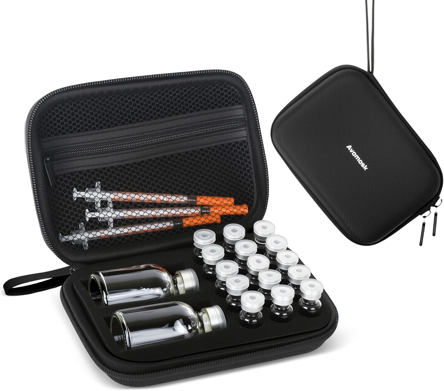 Avomosk 17-slot peptide storage case with vial slots and accessory pouch