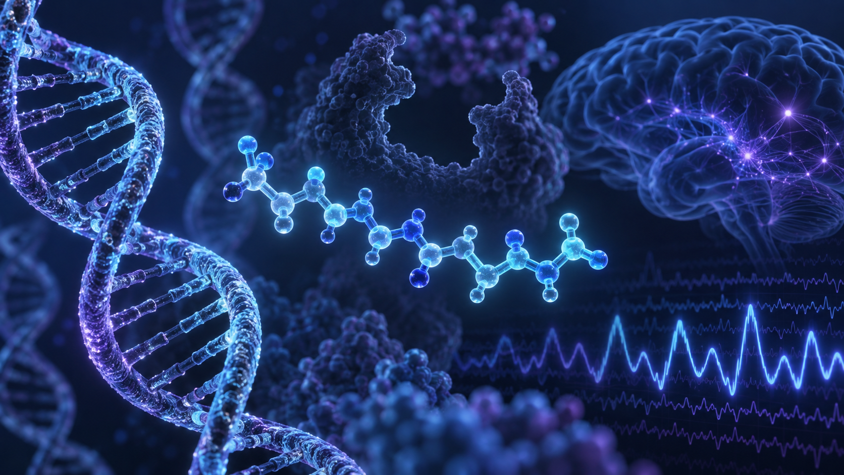 Conceptual scientific illustration of DNA, a peptide molecule, brain signaling and sleep-wave activity