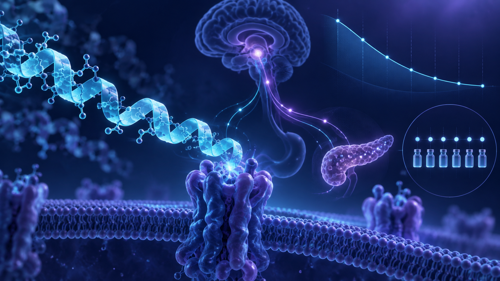 Conceptual scientific illustration of an amylin peptide, receptor signaling and metabolic weight regulation
