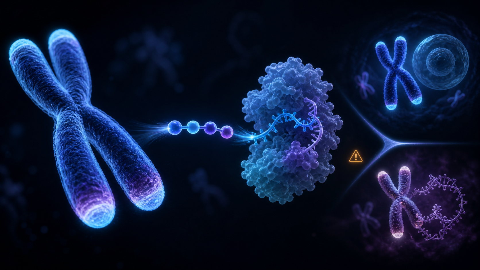 Conceptual visualization of Epitalon, telomerase, telomere extension, and unresolved cancer risk