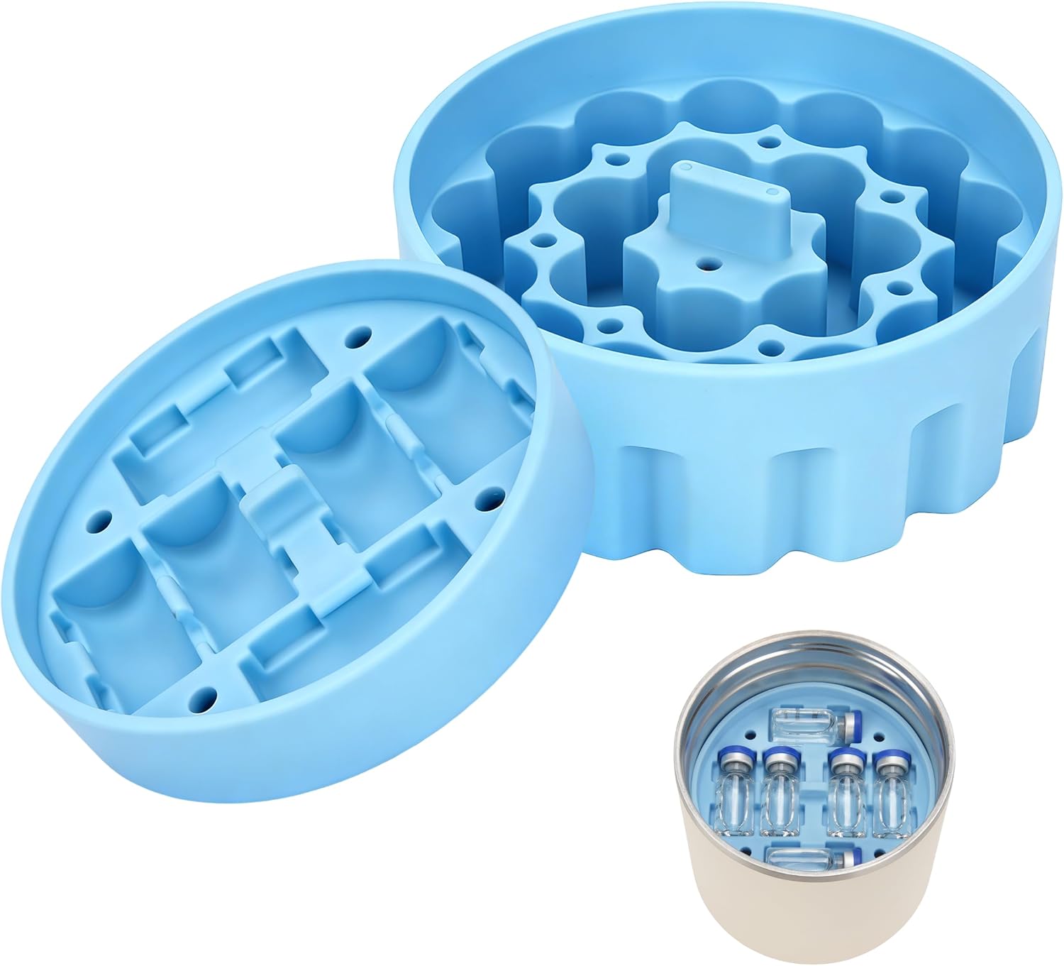 Blue FANTOVO 3mL vial storage insert inside an insulated container