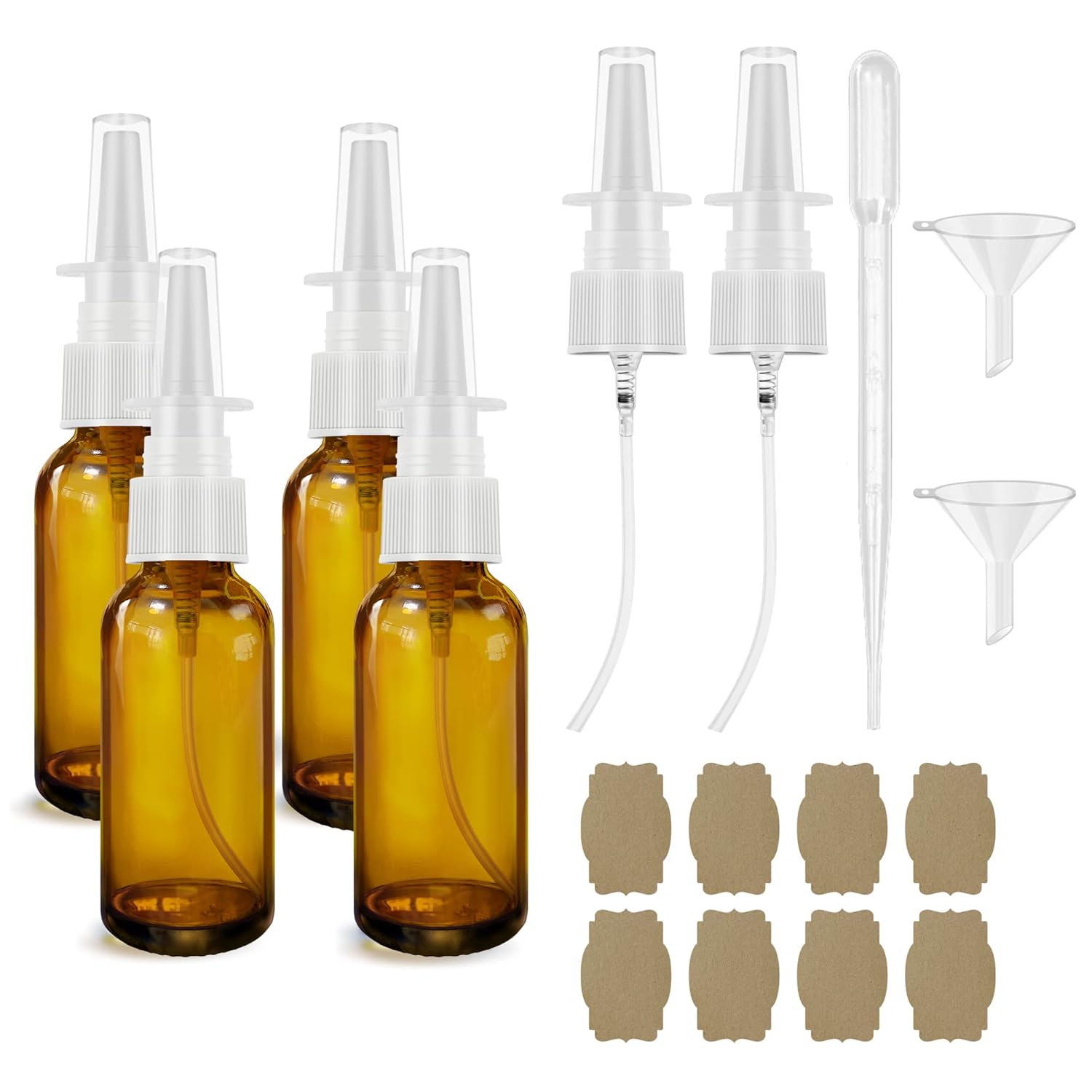 Amber glass spray bottles with funnels, pipette, labels, and spray tops