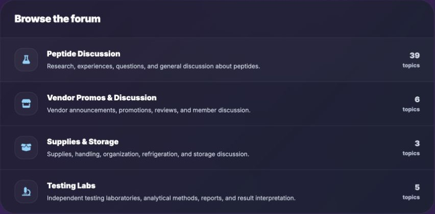 Forum categories for peptide discussion, vendor discussion, supplies, and testing labs