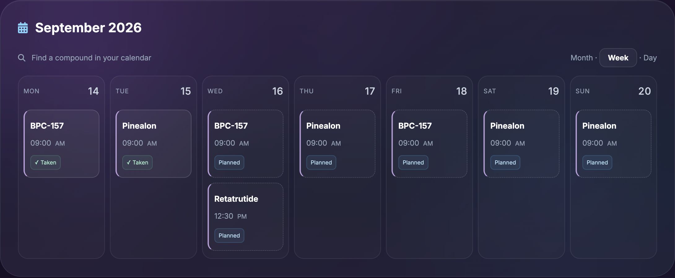 Research Journal weekly calendar with planned and completed entries