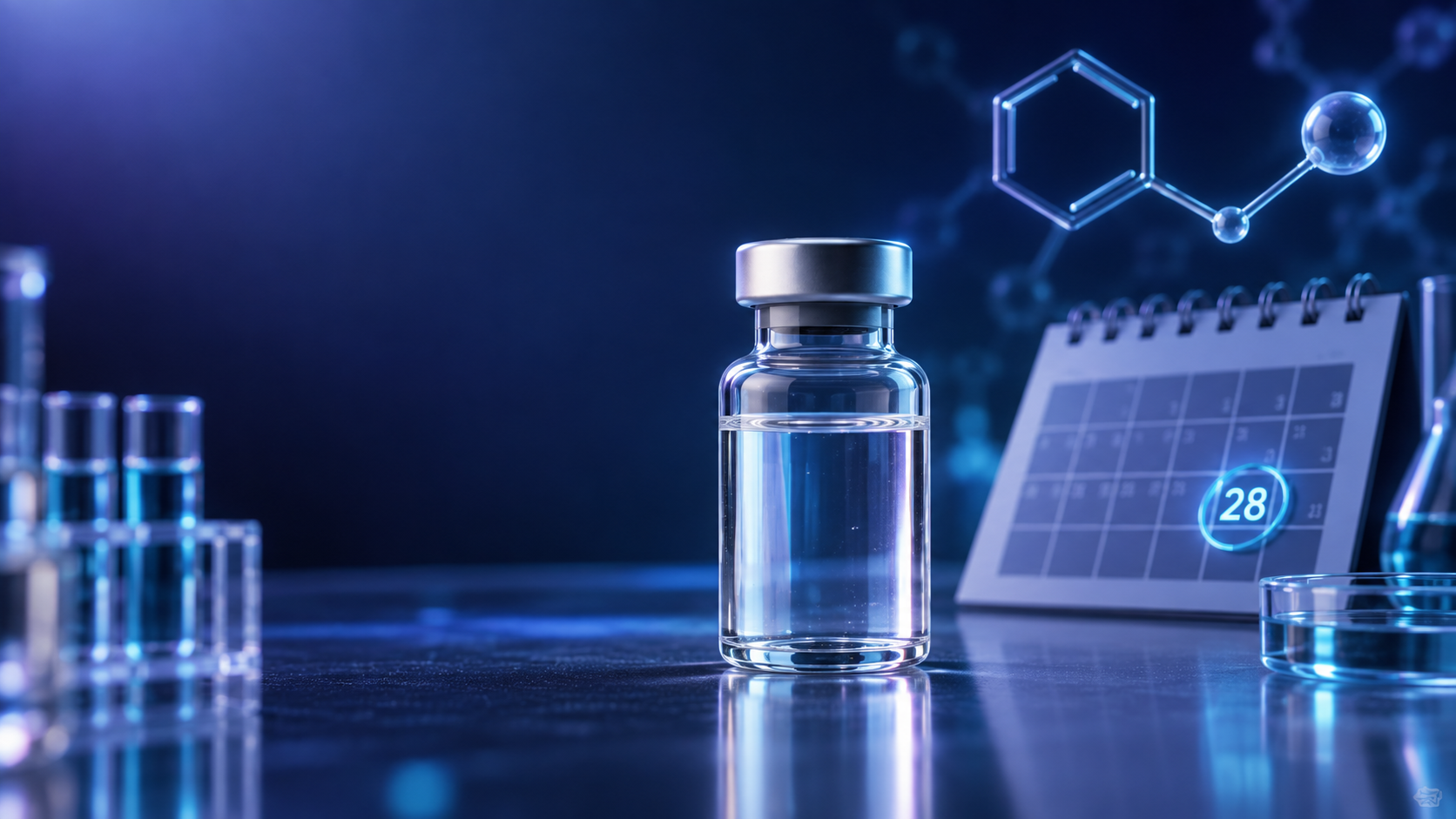 Conceptual bacteriostatic-water vial beside a calendar marked day 28