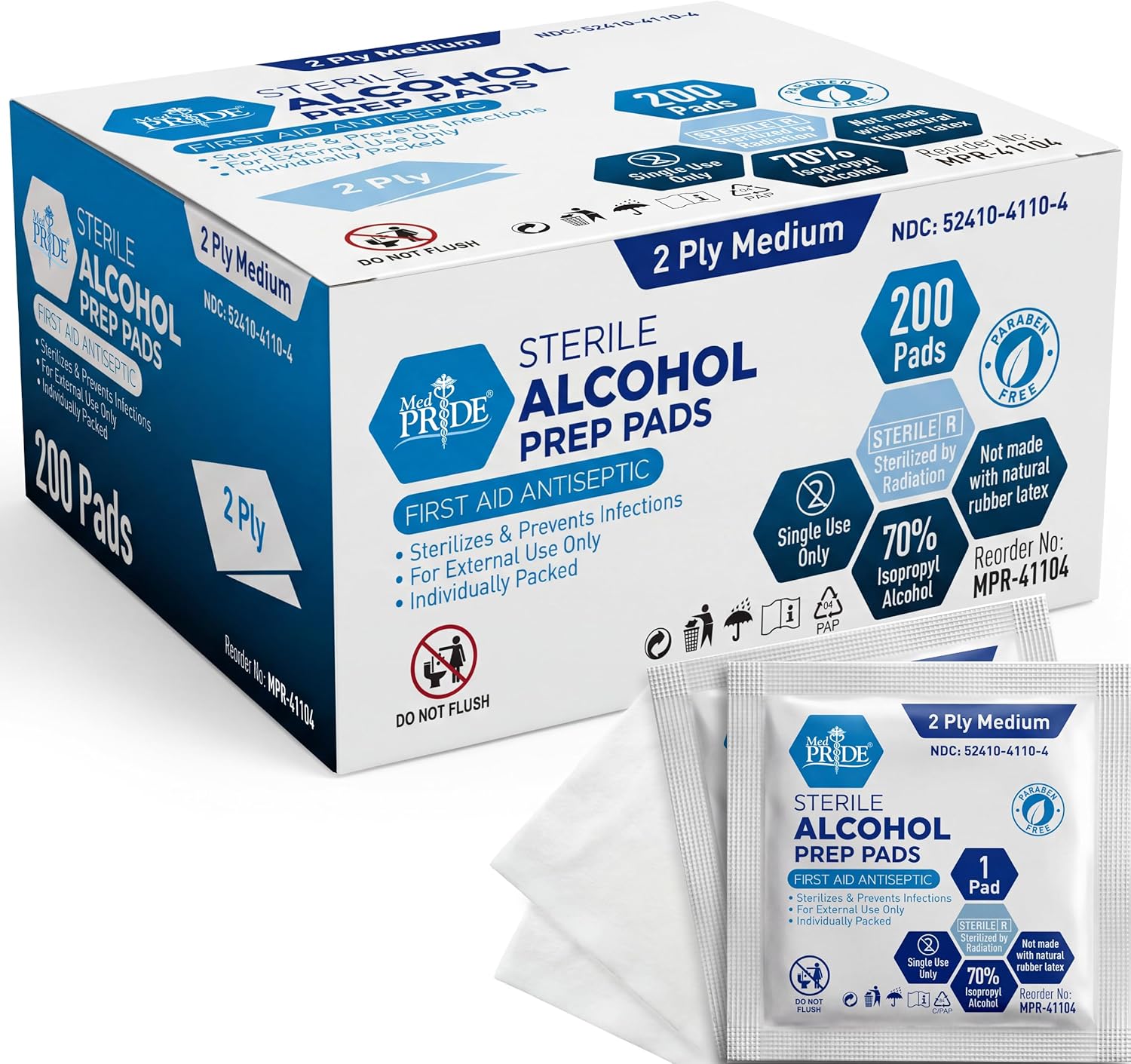 MED PRIDE sterile alcohol prep pads box and individually wrapped pads