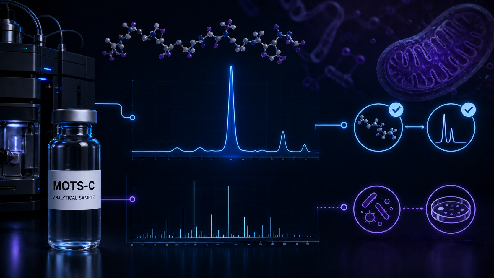 Conceptual illustration of chromatography and mass spectrometry used to evaluate MOTS-C chemical stability