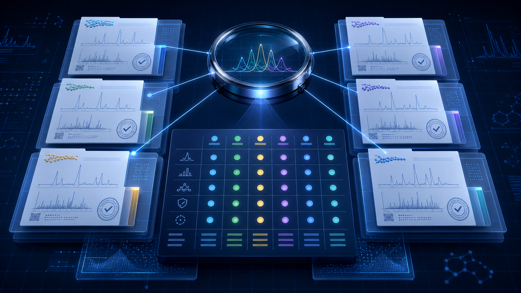 Conceptual visualization of laboratory reports being compared through a standardized COA grading framework