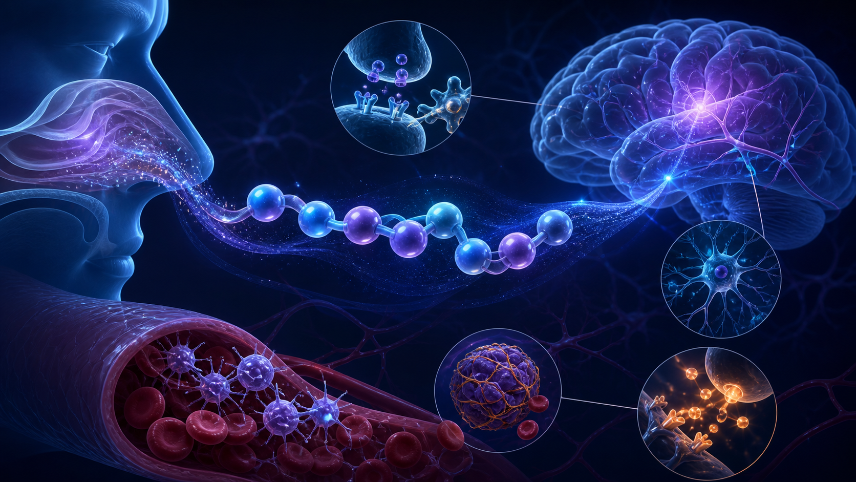 Conceptual visualization of Semax, neural signaling, cerebral circulation, and interaction-risk research