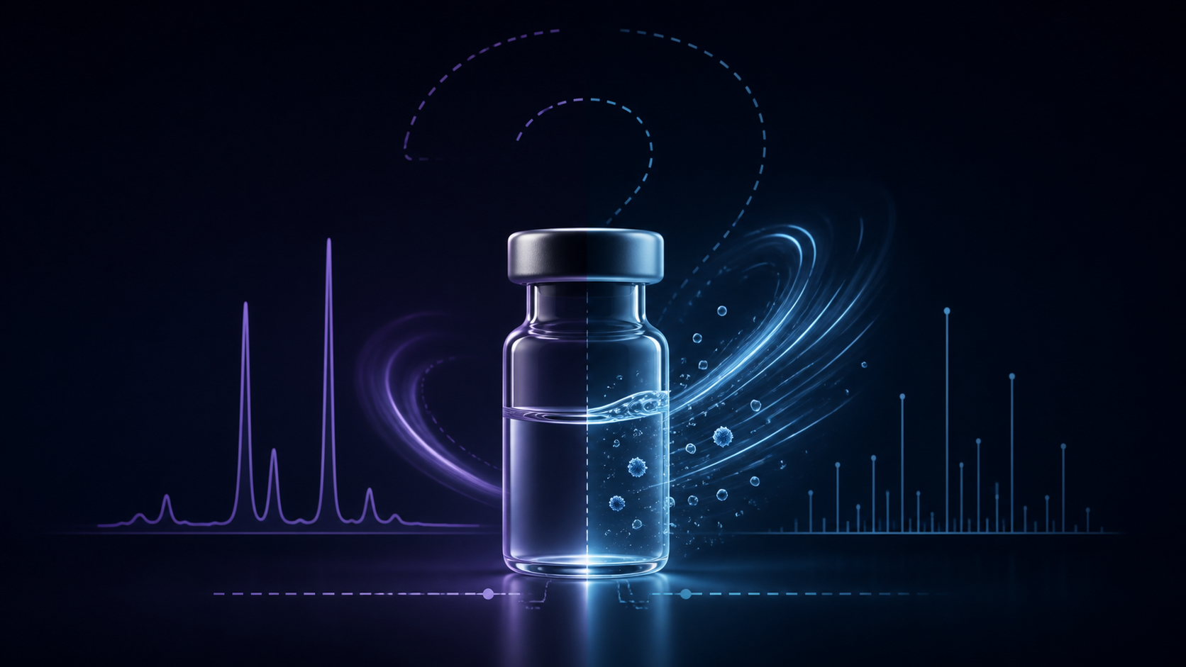 Conceptual comparison of a gently handled and vigorously shaken peptide vial with HPLC and LC-MS traces