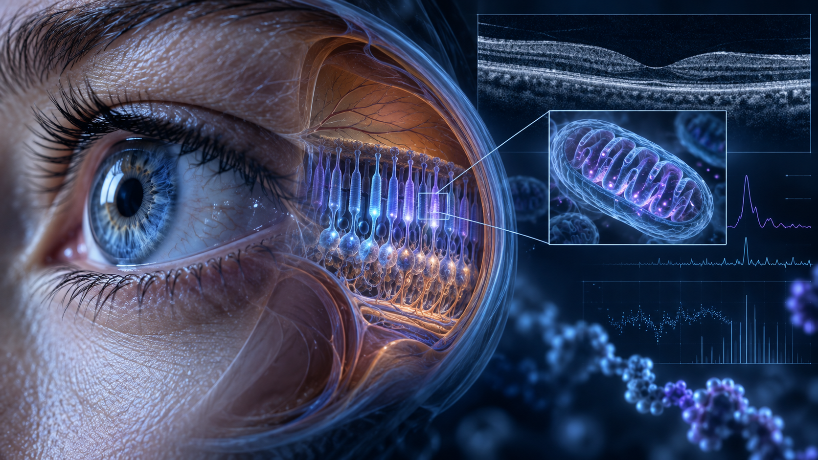 Conceptual visualization of an eye, retinal photoreceptors, mitochondria and OCT imaging