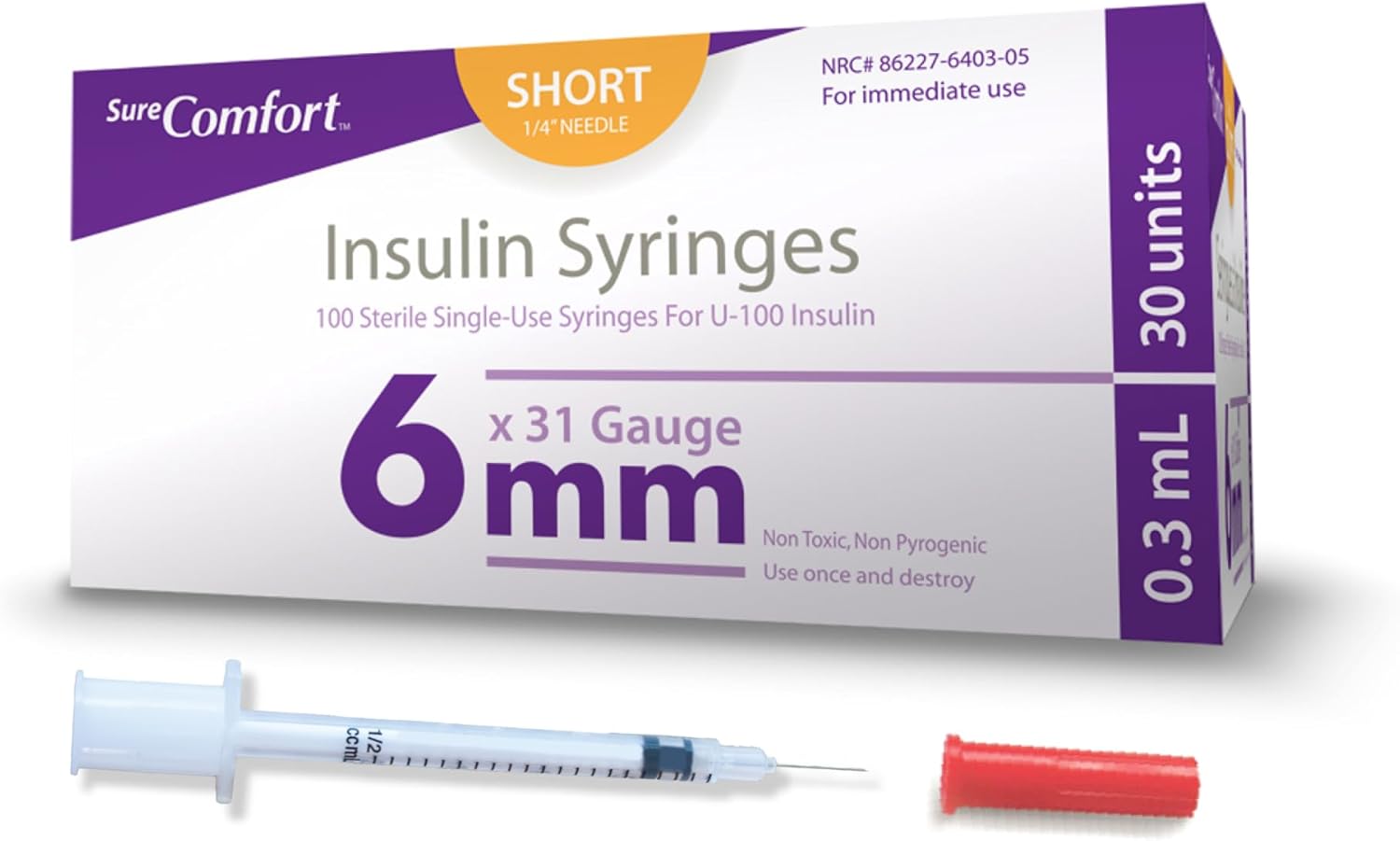 SureComfort U-100 0.3mL insulin syringes with 31G 1/4 inch needles