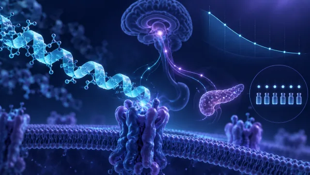 Conceptual scientific illustration of an amylin peptide, receptor signaling and metabolic weight regulation