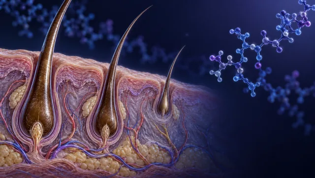 Conceptual scalp hair follicles beside an abstract peptide molecular structure