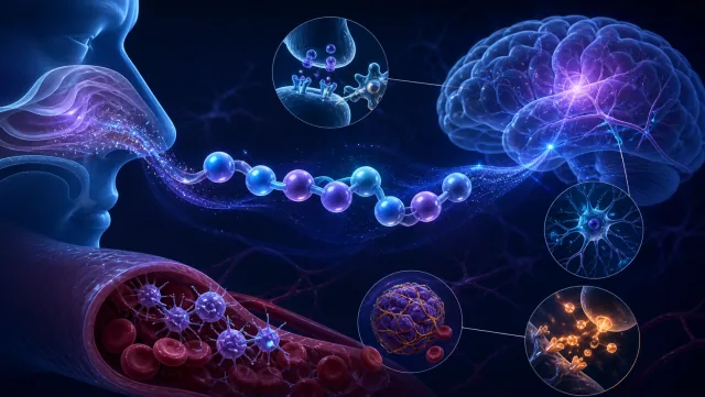 Conceptual visualization of Semax, neural signaling, cerebral circulation, and interaction-risk research