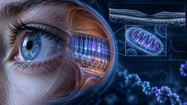 Conceptual visualization of an eye, retinal photoreceptors, mitochondria and OCT imaging