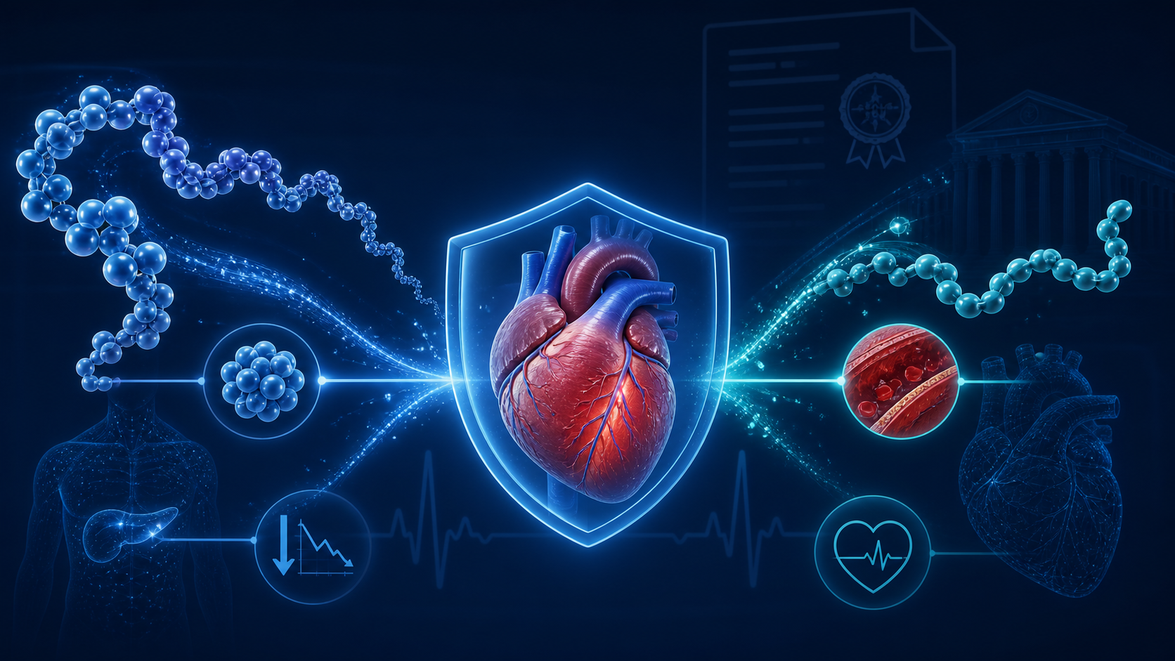 Conceptual visualization of dual incretin pathways converging on a protected anatomical heart
