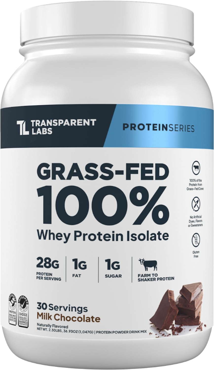 Transparent Labs grass-fed 100% whey protein isolate container
